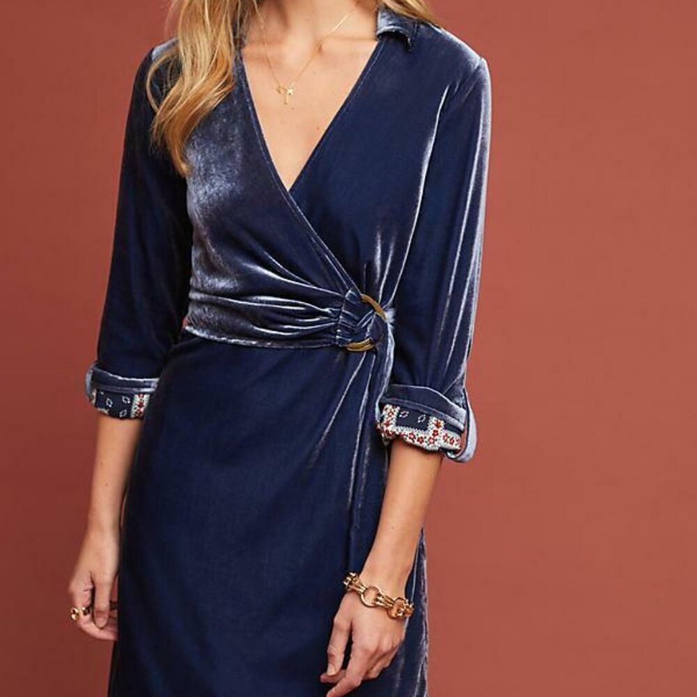 Anthropologie Maeve Womens Size 2 Blue Velvet Shirt Dress Roll Tabs Wrap